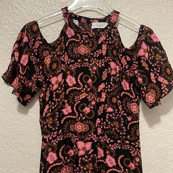 A.L.C. Emile Silk Floral Silk Cold-Shoulder Dress, Black/Henna/Pink Size 2 - Picture 7 of 12